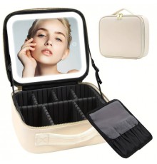 Дорожная БЕЖЕВАЯ тканевая косметичка-чемоданчик с зеркальцем Make Up (20)